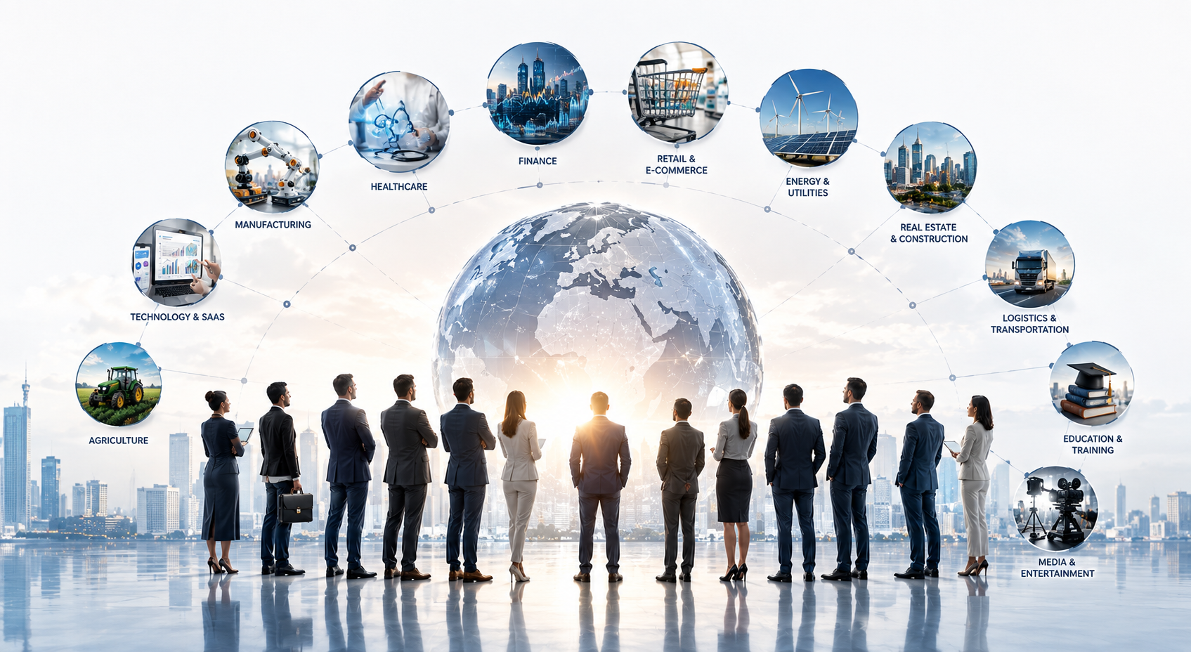 Business teams before a globe ringed by the industries Naraway serves: technology and SaaS, manufacturing, healthcare, finance, retail and e-commerce, energy and utilities, real estate and construction, logistics and transportation, education and training, media and entertainment, and agriculture