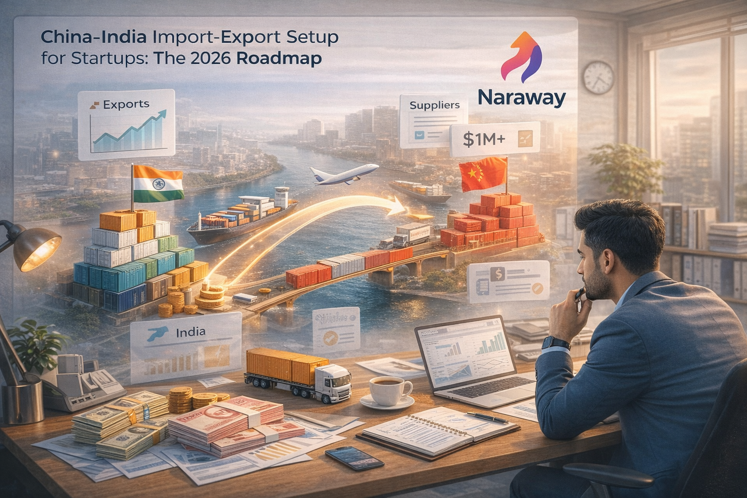 China-India Import-Export Trade Setup Guide for Indian Startups 2026 showing trade routes containers shipping logistics