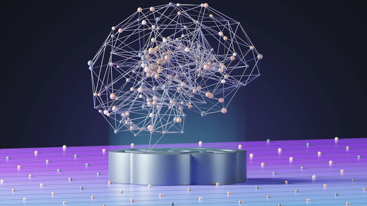 A glowing network shaped like a brain above a platform