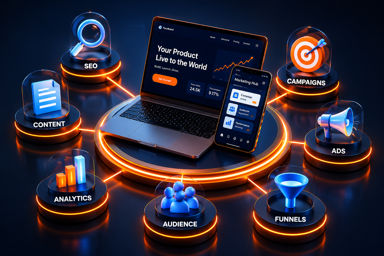 Naraway technology and marketing launch support visual connecting product development with SEO, ads, analytics, and growth systems